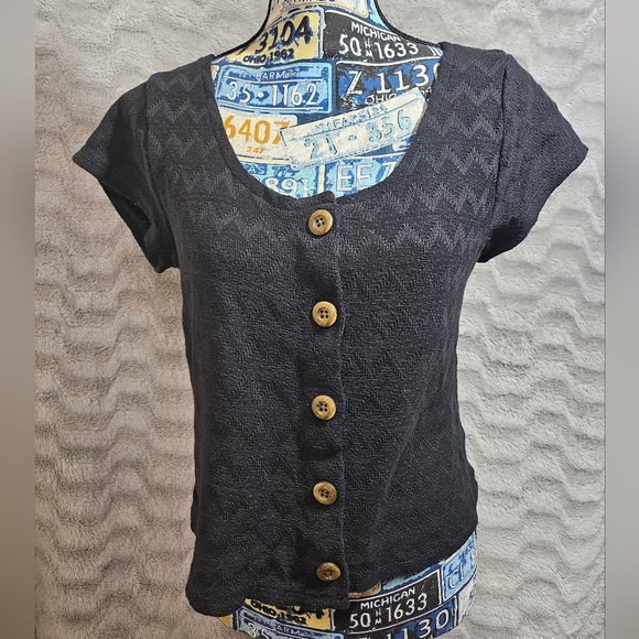 Madewell Short Sleeve Chevron Knit Black Button Up Blouse Large Medium - Picture 3 of 9